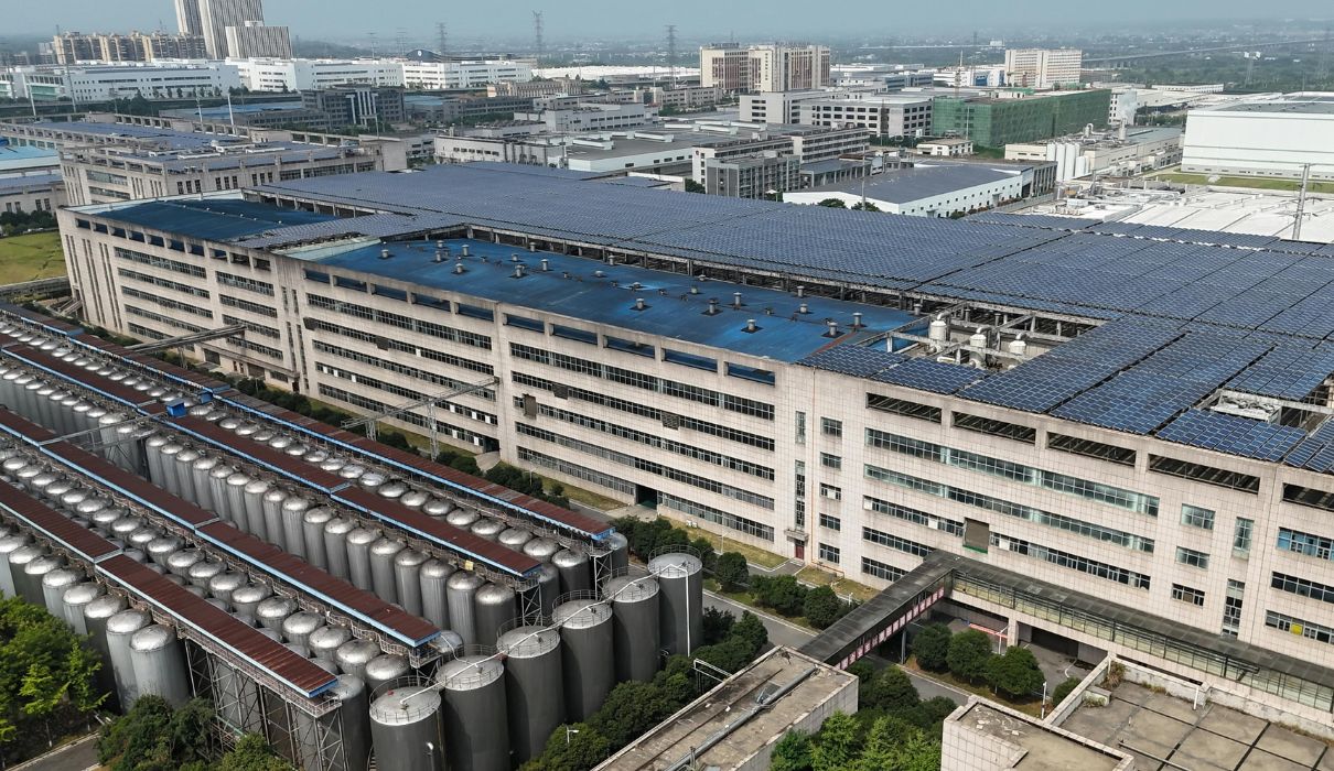 Solar panels with city skyline in background