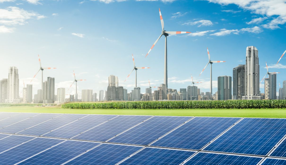 Row of solar panels against blue sky