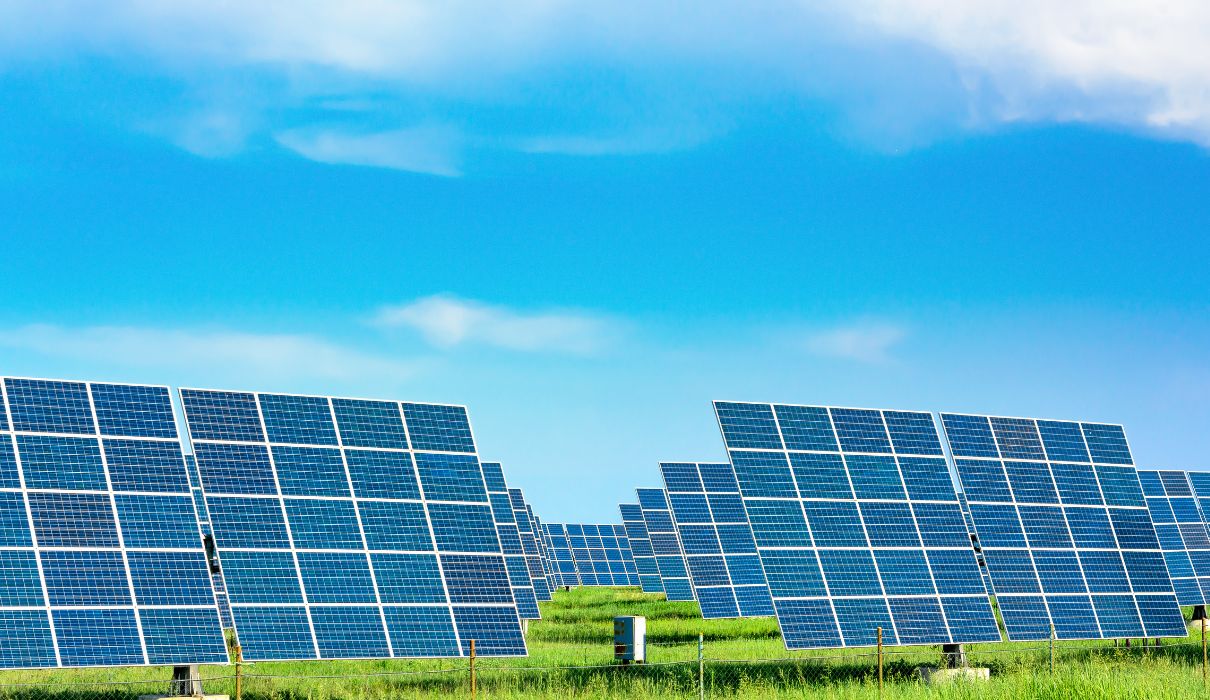 Solar panels at dramatic sunset